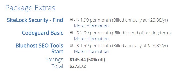 Bluehost Package Extras Auto Selected